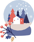 Christmas in a Glass Bowl - Snow Globe Illustration in Scandinavian Style