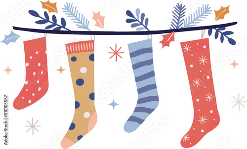 Abstract Retro Christmas Socks Hanging on a Tree Branch Illustration