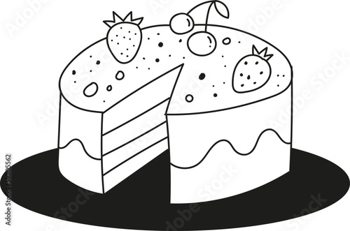 Black and White Cake Icon / Bakery Logo Template Line Art Illustration