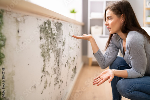 Shocked Woman Looking At Mold On Wall photo