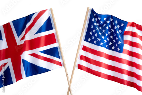 UK flag and USA flag on white background