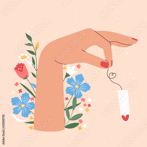 Hand draw female hand holding tampon with flowers on the background. Female regular menstrual cycle concept. Menstrual period, menstruation, premenstrual syndrome, ovaries vector illustrations.