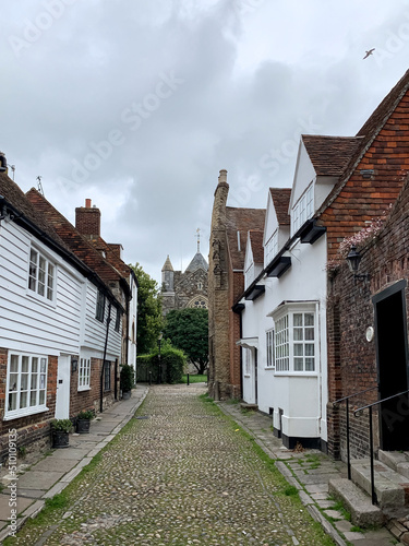 West street view in Rye East Sussex Charming medieval street in old town Picturesque countryside. Street leading to Church of Saint Mary, Rye. UK, England, United Kingdom. Summer in Rye. Architecture,