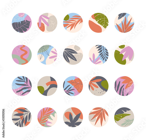 Bundle of insta highlights tropical covers.Modern vector layouts with hand drawn organic shapes,exotic plants and textures.Abstract summer backgrounds.Trendy design for social media marketing.