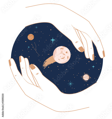 Galaxy in human hands illustration