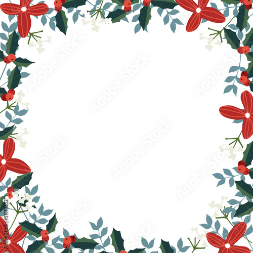 Red Holly Flowers Christmas Frame