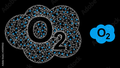 Net mesh oxigen cloud frame icon with lightspots. Illuminated vector model is created from oxigen cloud picture. Vector frame network oxigen cloud icon.