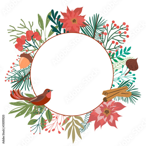 Christmas wreath with winter plants frame