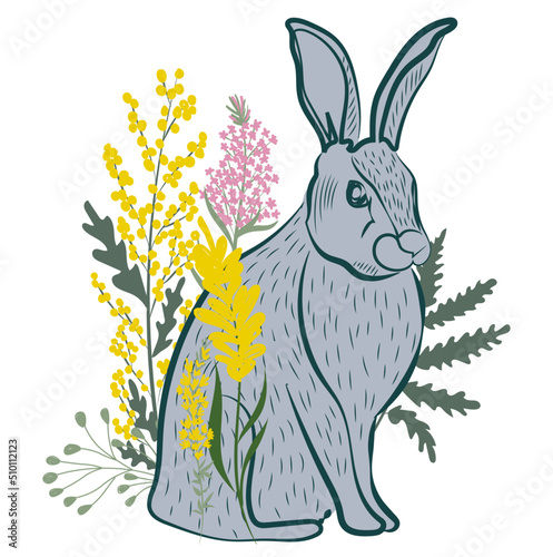 Spring set with rabbit and plants and flowers illustration