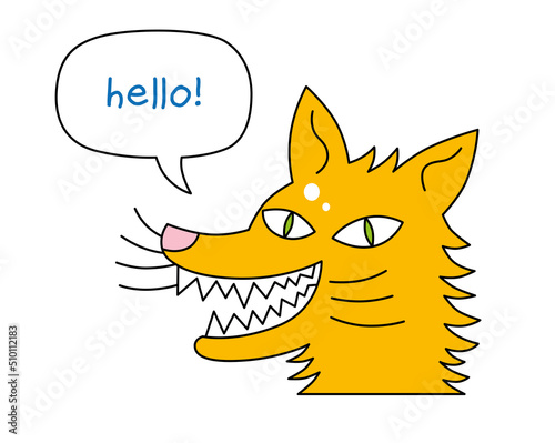 Funny smiling toothy fox head face portrait with a speech bubble, saying hello, isolated cartoon vector illustration.