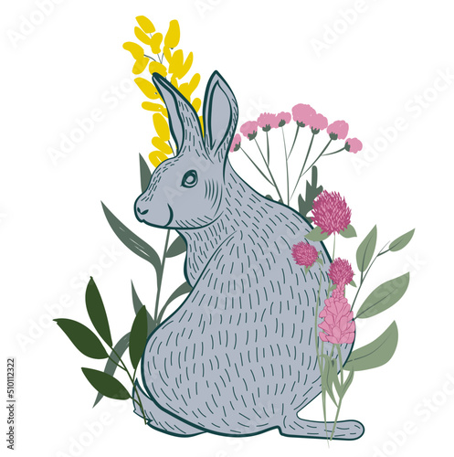 Spring set with rabbit and plants and flowers illustration