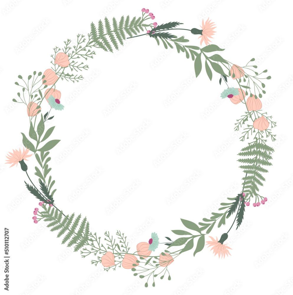Spring wreath with flowers and leaves frame