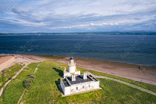 Chanonry Lighthouse on the Black Isle from a drone, Chanonry Point, East Coast of Scotland photo