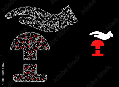 Crossing mesh press alarm button carcass illustration with light spots. Illuminated vector model is created from press alarm button picture. Vector carcass mesh press alarm button icon.