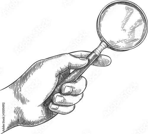 Engraved hand holding magnifying glass