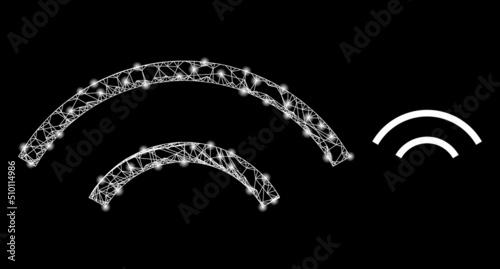 Mesh net radio signal framework icon with light spots. Illuminated vector constellation is created from radio signal picture. Vector frame net radio signal icon.