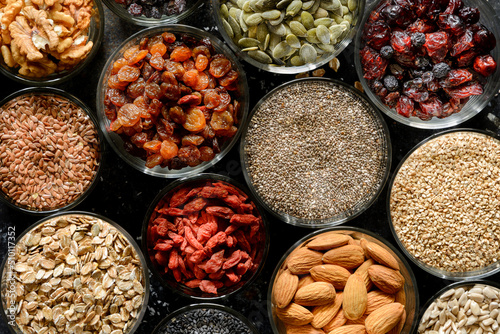 Background of various seeds and dried fruits-super food  photo