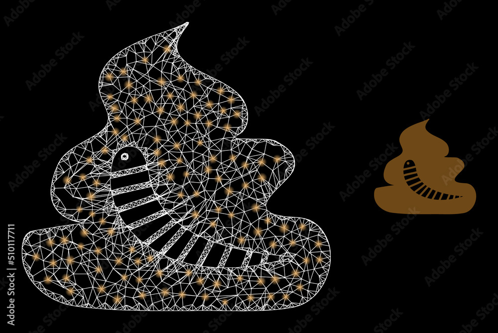 Fototapeta premium Net shit worm wireframe icon with light spots. Illuminated vector model is created from shit worm icon. Vector frame net shit worm icon. Flat model created from shit worm icon and intersected lines.