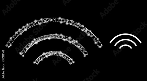 Crossing mesh sound waves model icon with lightspots. Illuminated vector constellation is created from sound waves pictogram. Vector carcass mesh sound waves icon.