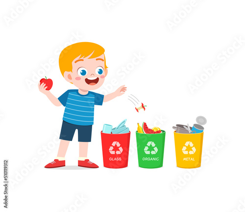 little kid throw organic waste to recycle bin