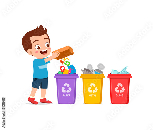 little kid throw paper waste to recycle bin