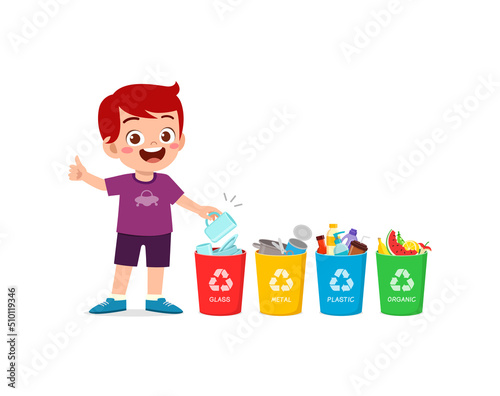 little kid throw glass waste to recycle bin