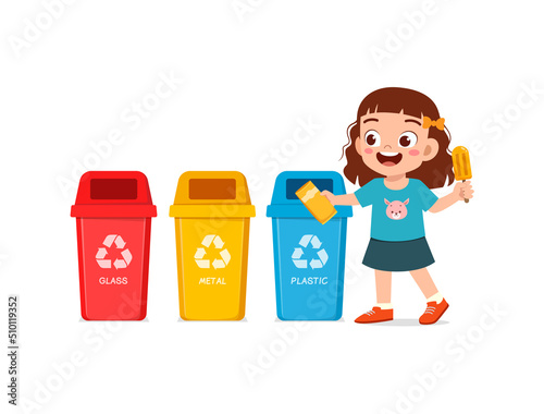 little kid throw plastic waste to recycle bin