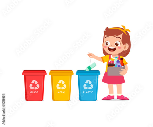 little kid throw plastic waste to recycle bin