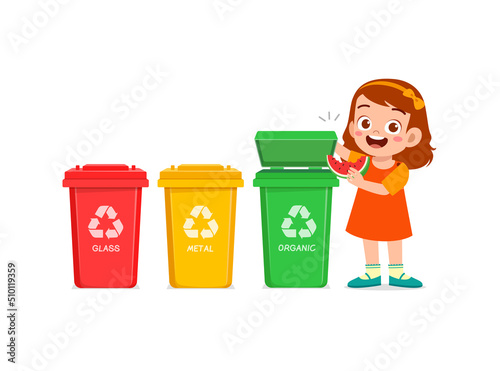little kid throw organic waste to recycle bin