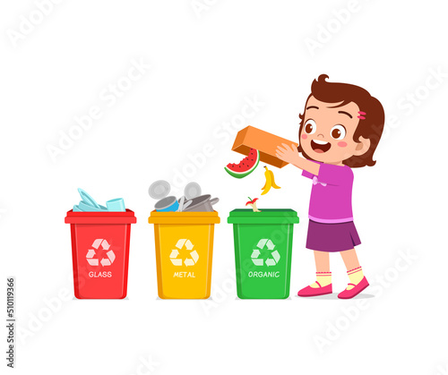 little kid throw organic waste to recycle bin