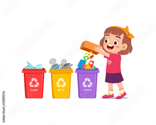 little kid throw paper waste to recycle bin