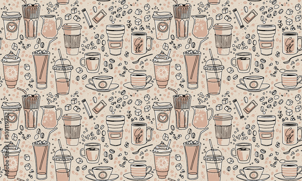 Vector hand drawn seamless pattern. Various cups sketch style drawn background with sugar, spoons, bubbles and coffee beans. Hand drawn linear graphic backdrop.