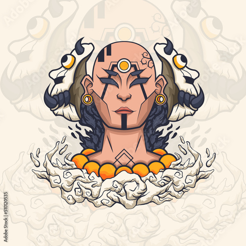 bald man with demon mask illustration