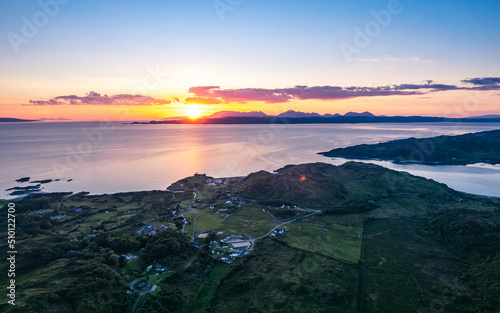 Sunset over Silversands Beaches and Silver Sands of Morar from a drone, Scotland, UK