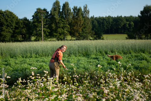 Happy farmer harvesting dill