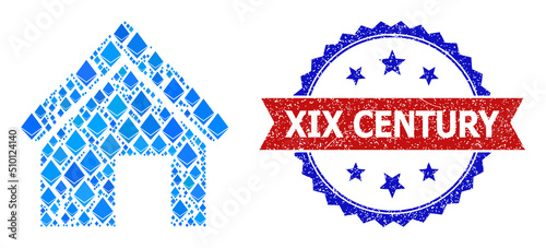 Blue ethereum mosaic old decayed house icon, and bicolor dirty XIX Century seal stamp. Gemstone related items are arranged into abstract collage old decayed house pictogram.