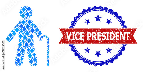 Blue ethereum mosaic old man icon, and bicolor grunge Vice President seal stamp. Ethereum related parts are arranged into abstract mosaic old man icon.