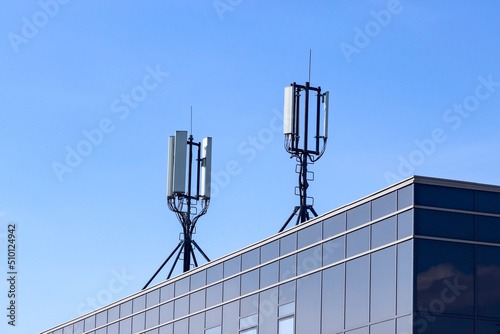 4G 5G GSM cellular transmitter ans signal repeater antenna on a roof