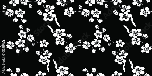 Sakura  seamless pattern on black background. Vector illustration in boho style for wrapping paper, textile, backgrounds.