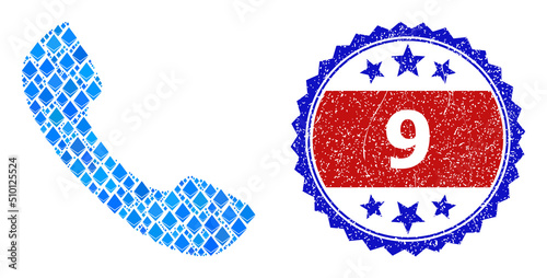 Blue ethereum mosaic phone receiver icon, and bicolor rubber 9 seal. Gemstone related elements are arranged into abstract mosaic phone receiver icon. Red round badge includes 9 tag inside circle.