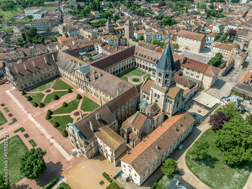 Aerial view of Cluny Abbey Benedictine monastery in Cluny, Saône-et-Loire, France. dedicated to Saint Peter, constructed in the Romanesque architectural style and Tour de Fromages photo