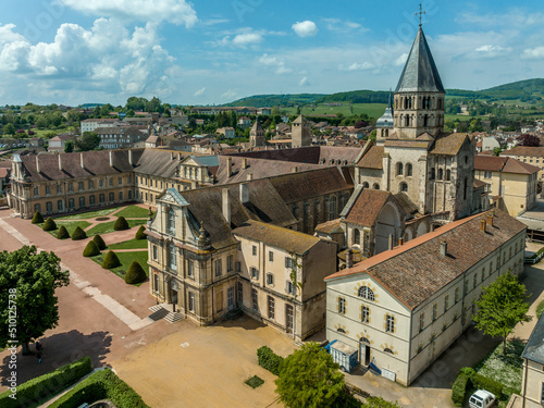 Aerial view of Cluny Abbey Benedictine monastery in Cluny, Saône-et-Loire, France. dedicated to Saint Peter, constructed in the Romanesque architectural style and Tour de Fromages