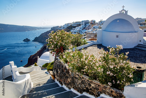Fototapeta Naklejka Na Ścianę i Meble -  Santorini, Greece. Picturesque view of traditional Cycladic Santorini houses on small streets and stairways with flowers in the foreground.