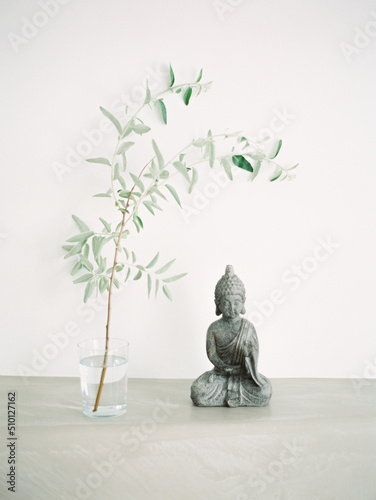 Glass With Plant And Buddha Statue photo