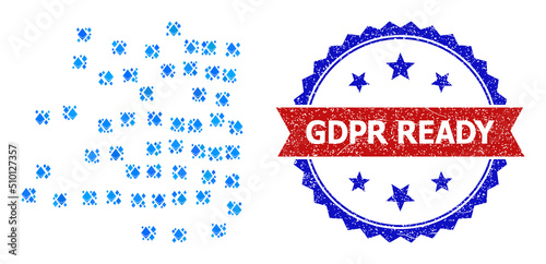 Blue ethereum mosaic scattered square particles icon, and bicolor rubber Gdpr Ready stamp. Diamond related items are arranged into abstract mosaic scattered square particles icon.