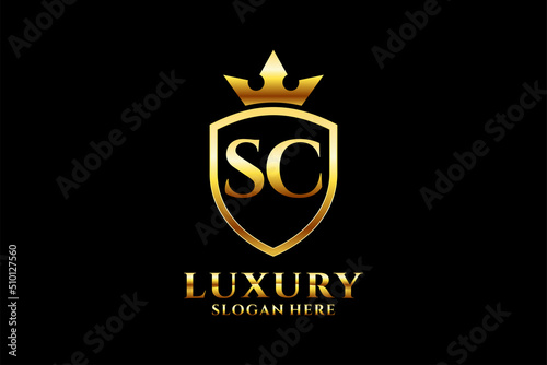 initial SC elegant luxury monogram logo or badge template with scrolls and royal crown - perfect for luxurious branding projects