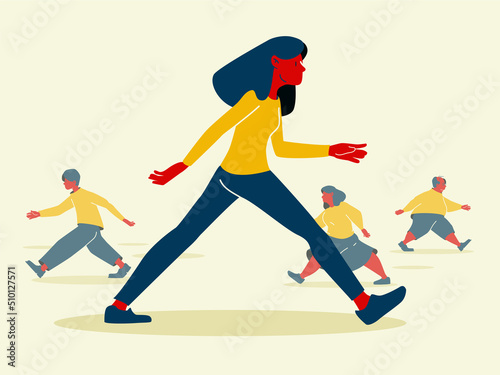 Woman running in hurry in crowd photo