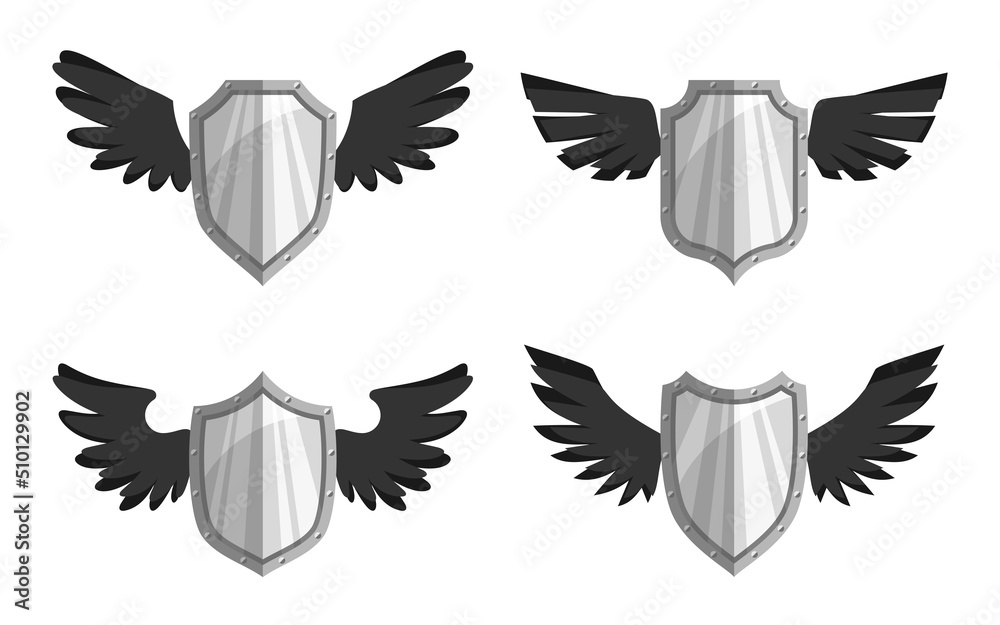 Obraz premium Gold shield black wing heraldic safety flat set. Elegant military emblem protection security badge. Award high quality royal dynasty coat of arms. Heraldry retro banner medieval isolated