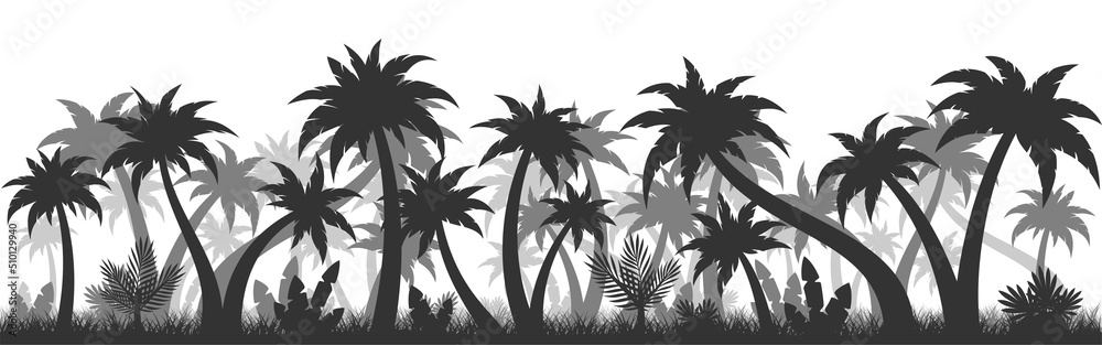 Fototapeta premium Palm tree tropic plant black seamless background. Tropical silhouette jungle texture subtropical forest. Pattern travel company profile design postcard cover magazine print fabric wallpaper island
