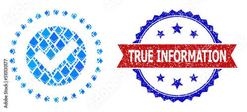Blue ethereum collage true area icon, and bicolor rubber True Information seal. Ethereum related elements are united into abstract collage true area pictogram.